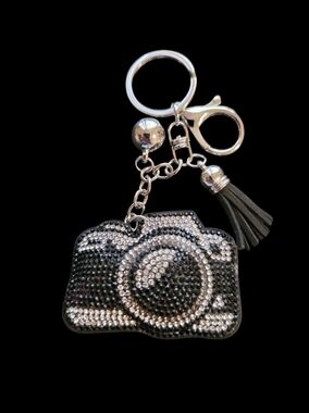 Rhinestone Camera Bag Charm Keychain with Tassel - Black & Silver